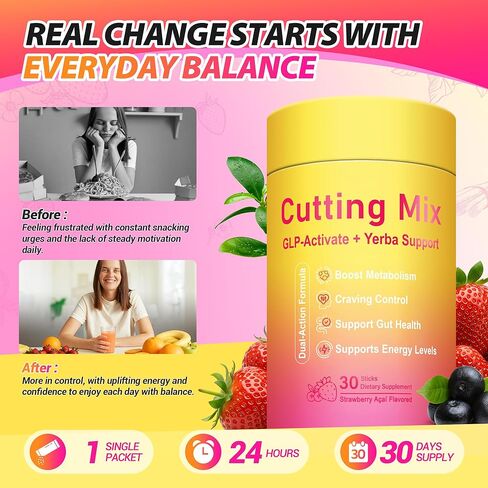 Cutting Drink Mix – GLP-1 Drink Mix with 5-HTP, Yerba Mate & Magnesium, FOS | Supports Satiety Signaling, Energy & Gut Health | Strawberry Açaí Flavor – 30 Servings in Saudi Arabia