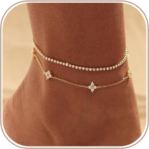 CAROVO Gold Ankle Bracelets for Women Waterproof,14K Gold Plated Bead Leaf Heart Dot Satellite Chain Layered Anklets Non Tarnish Summer Beach Jewelry Gift for Women in Kuwait