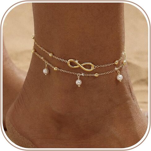 Gold/Silver Ankle Bracelets for Women Waterproof,14k Gold Plated Anklet Set Pearl Cuban Leaf Dainty Anklets Summer Beach Jewelry Gift in Saudi Arabia