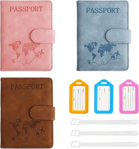 3pcs Passport Holder with Luggage Tags, Pu Leather Travel Passport Cover, Waterproof Travel Wallet with RFID Blocker for Credit Cards, Cash, Boarding Passes Women Men in Kuwait