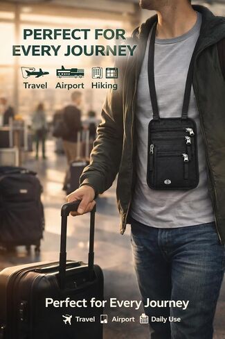محفظة رقبة للسفر مع خاصية حجب RFID - حامل جواز سفر مخفي مضاد للسرقة للرجال والنساء، حقيبة نحيفة تحت الملابس مع سحاب لجواز السفر والبطاقات والنقود والهاتف (أسود) in Kuwait