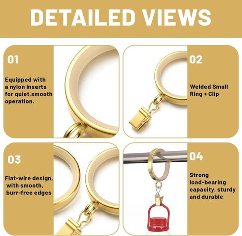 Novabright 24 Pack Luxury Curtain Rings 2 Inch Smooth Slide Curtain Rings 1-5/8 Inch Inside Diameter with Smooth, Quiet Nylon Inserts and Clips (Gold) in Kuwait