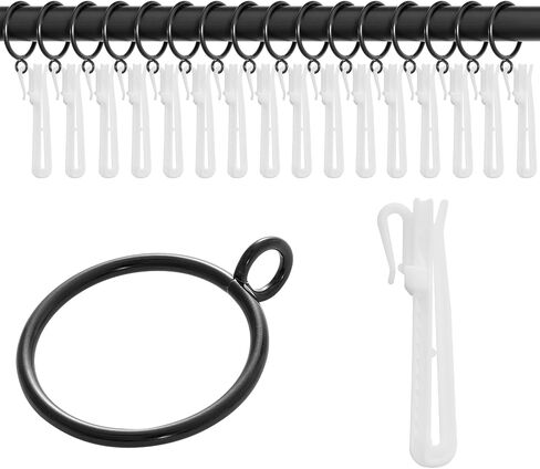 16 PCS Black Metal Curtain Rings 1.38 Inch & 16 PCS Adjustable Plastic Curtain Hooks 3.38 Inch for Pinch Pleated Curtains, Living Room Bedroom Drapes Decor for Window Burg Rods Fits Up to 1.25 in Rod in Saudi Arabia