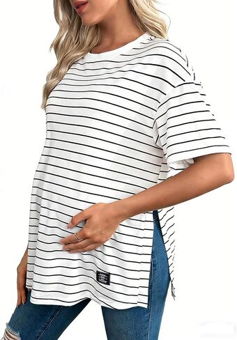 Maternity Shirts for Women, Striped Oversized Pregnancy Tops, Side Slit Loose Fit Maternity T Shirts in Saudi Arabia