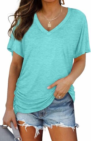 Womens Summer T-Shirts Short Sleeve V Neck Dolman Tops with Side Shirring Loose Fit Shirts Spring Fashion in Kuwait