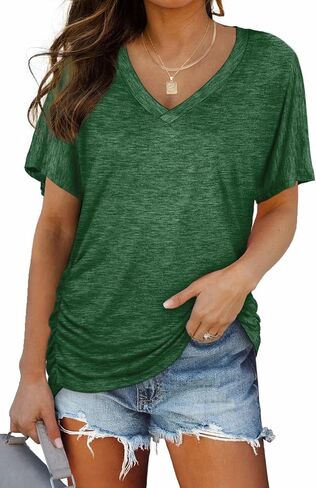 Womens Summer T-Shirts Short Sleeve V Neck Dolman Tops with Side Shirring Loose Fit Shirts Spring Fashion in Kuwait