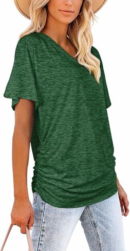 Womens Summer T-Shirts Short Sleeve V Neck Dolman Tops with Side Shirring Loose Fit Shirts Spring Fashion in Kuwait