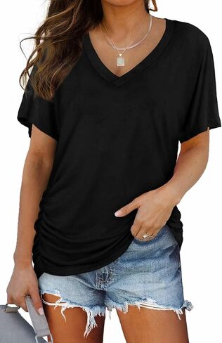 Womens Summer T-Shirts Short Sleeve V Neck Dolman Tops with Side Shirring Loose Fit Shirts Spring Fashion in Kuwait