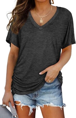 Womens Summer T-Shirts Short Sleeve V Neck Dolman Tops with Side Shirring Loose Fit Shirts Spring Fashion in Kuwait