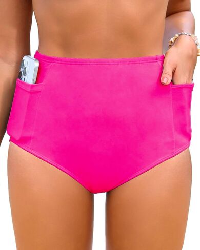Women High Waisted Swimsuit Bikini Bottoms - Tummy Control Swim Bottom Full Coverage Bathing Suit with Pockets in Saudi Arabia