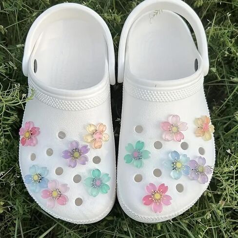 12pcs Luminous Sakura Cherry Blossoms Flower Shoe Charms for Shoes, DIY Glow in Dark Sandals Slipper Decoration Accessories Buckle Pins for Girls Favor Gifts in Saudi Arabia