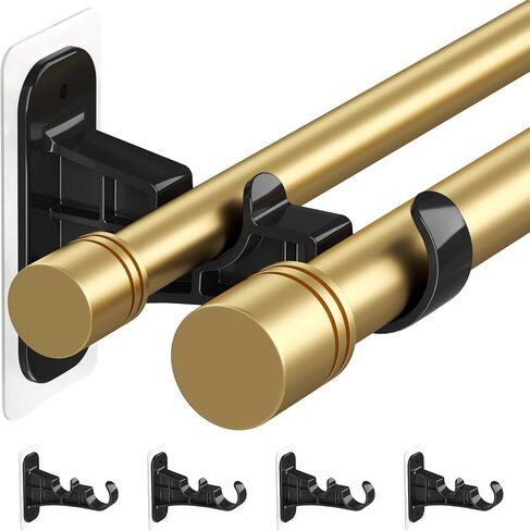 Double Curtain Rod Brackets No Drill, (4-Pack) Black Adhesive Curtain Rod Holders for Wall, Heavy Duty Dual Curtain Hooks Wall Mounted Supports 1 to 1.2'' Drapery Poles for Living Room Bedroom in Saudi Arabia