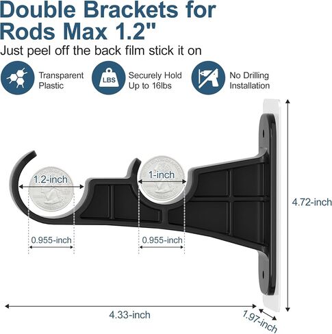 Double Curtain Rod Brackets No Drill, (4-Pack) Black Adhesive Curtain Rod Holders for Wall, Heavy Duty Dual Curtain Hooks Wall Mounted Supports 1 to 1.2'' Drapery Poles for Living Room Bedroom in Saudi Arabia