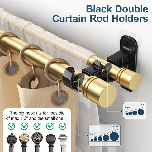 Double Curtain Rod Brackets No Drill, (4-Pack) Black Adhesive Curtain Rod Holders for Wall, Heavy Duty Dual Curtain Hooks Wall Mounted Supports 1 to 1.2'' Drapery Poles for Living Room Bedroom in Saudi Arabia