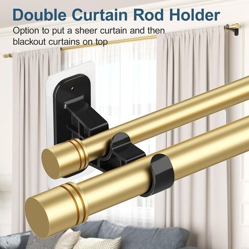 Double Curtain Rod Brackets No Drill, (4-Pack) Black Adhesive Curtain Rod Holders for Wall, Heavy Duty Dual Curtain Hooks Wall Mounted Supports 1 to 1.2'' Drapery Poles for Living Room Bedroom in Saudi Arabia