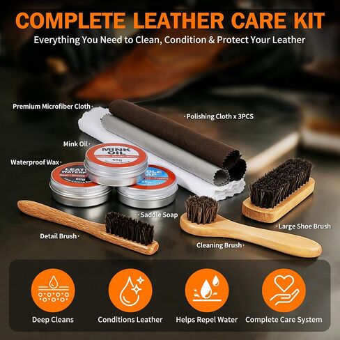 GleamGlee Leather Boot Care Kit, Leather Cleaner & Conditioner with Saddle Soap, Mink Oil, Waterproofing Wax, Horsehair Brushes & Cloths for Cowboy Boots, Work Boots, Shoes & Tack, 10 PCS in Saudi Arabia