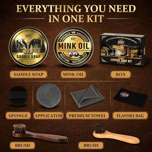 Leather Boot Care Kit – Mink Oil,Saddle Soap for Leather, Applicators & Sponge,Flannel bag – Leather Care Kit,Boot Cleaning Kit,Leather Shoe Care Kit for Cowboy Boots,Work Boots,Shoes in Saudi Arabia