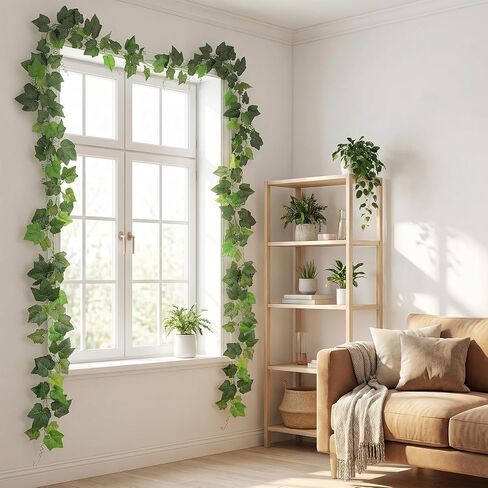 2Pack 14Ft Flame Retardant Artificial Grape Leaves Flexible Fake Green Plants Vines Ivy Garland Wreath Silk Hanging Rattan Bedroom Wedding Party Garden Wall Table Front Door Ceiling Decor (Grape) in Kuwait