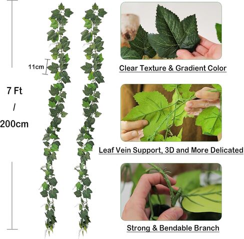 2Pack 14Ft Flame Retardant Artificial Grape Leaves Flexible Fake Green Plants Vines Ivy Garland Wreath Silk Hanging Rattan Bedroom Wedding Party Garden Wall Table Front Door Ceiling Decor (Grape) in Kuwait