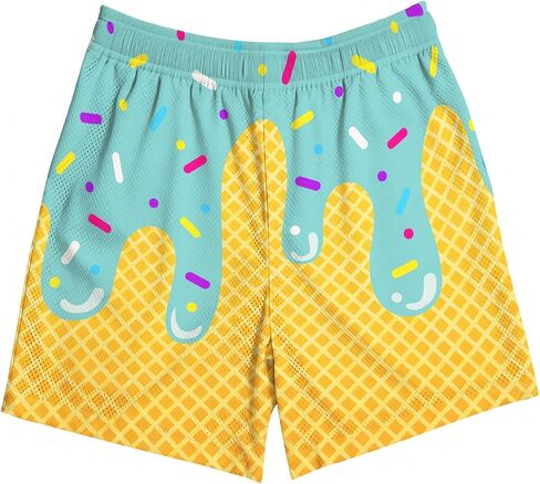 Boys Ice Cream Mesh Shorts, Quick Dry Elastic Waist Baseball Athletic Shorts with Side Pockets for Toddler Kids 2-14 Years in Saudi Arabia