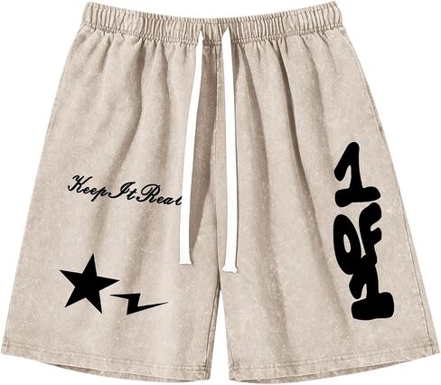 Graphic Shorts for Boys Streetwear Y2k Short Star Lettering Print Shorts Kids Vintage Aicd Wash Drawstring Shorts in Kuwait