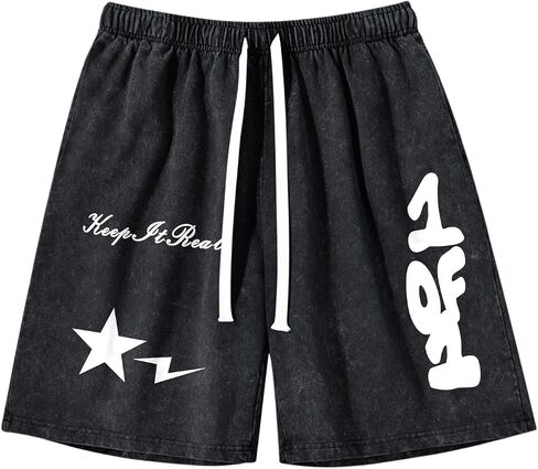 Graphic Shorts for Boys Streetwear Y2k Short Star Lettering Print Shorts Kids Vintage Aicd Wash Drawstring Shorts in Kuwait