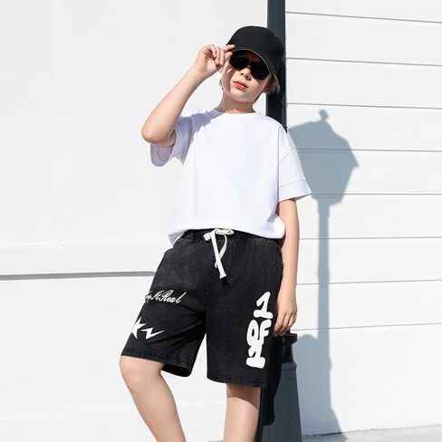 Graphic Shorts for Boys Streetwear Y2k Short Star Lettering Print Shorts Kids Vintage Aicd Wash Drawstring Shorts in Kuwait