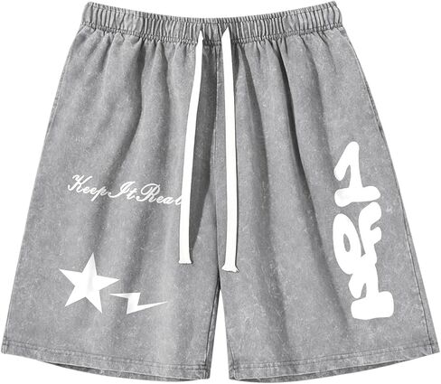 Graphic Shorts for Boys Streetwear Y2k Short Star Lettering Print Shorts Kids Vintage Aicd Wash Drawstring Shorts in Kuwait