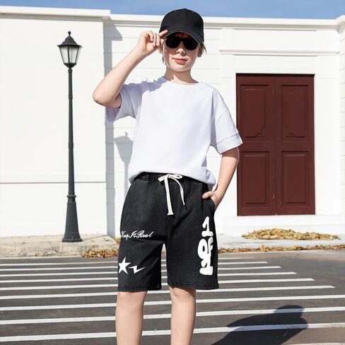 Graphic Shorts for Boys Streetwear Y2k Short Star Lettering Print Shorts Kids Vintage Aicd Wash Drawstring Shorts in Kuwait