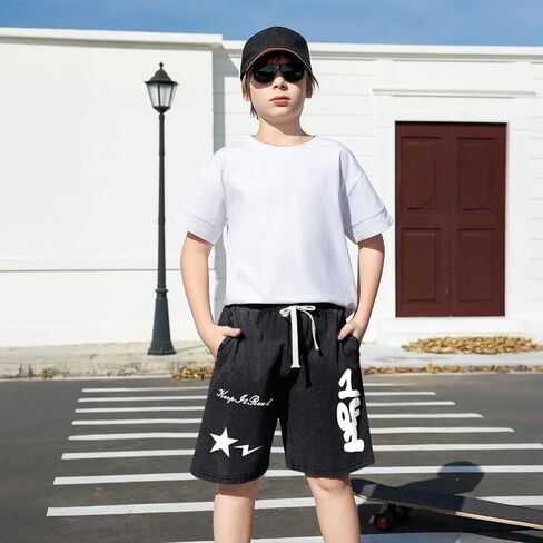 Graphic Shorts for Boys Streetwear Y2k Short Star Lettering Print Shorts Kids Vintage Aicd Wash Drawstring Shorts in Kuwait