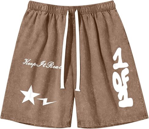 Graphic Shorts for Boys Streetwear Y2k Short Star Lettering Print Shorts Kids Vintage Aicd Wash Drawstring Shorts in Kuwait