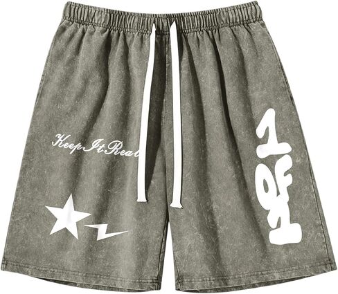 Graphic Shorts for Boys Streetwear Y2k Short Star Lettering Print Shorts Kids Vintage Aicd Wash Drawstring Shorts in Kuwait