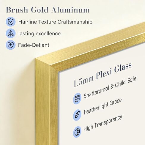 18x24 Gold Aluminum Frame,Brush Gold Metal Poster Frame With Plexi Glass,Picture Frame Display Photo 18x24 For Wall in Kuwait