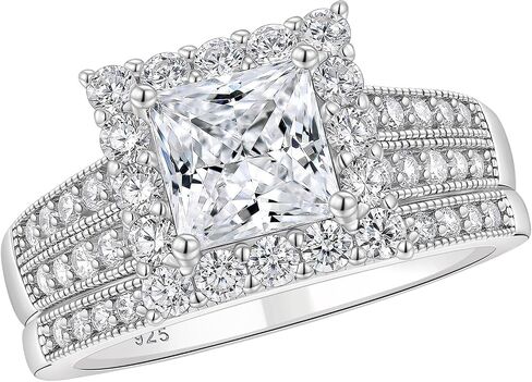 Solid 925 Sterling Silver Princess Cut Wedding Rings Engagement Set for Women Halo Bridal Ring Sets Promise Eternity Band Anniversary Size 5-10 in Kuwait