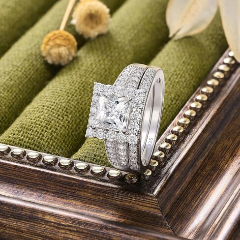 Solid 925 Sterling Silver Princess Cut Wedding Rings Engagement Set for Women Halo Bridal Ring Sets Promise Eternity Band Anniversary Size 5-10 in Kuwait