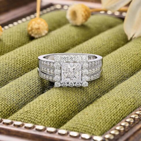 Solid 925 Sterling Silver Princess Cut Wedding Rings Engagement Set for Women Halo Bridal Ring Sets Promise Eternity Band Anniversary Size 5-10 in Kuwait