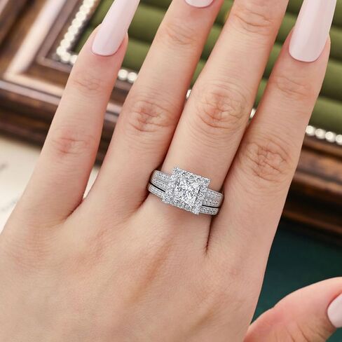Solid 925 Sterling Silver Princess Cut Wedding Rings Engagement Set for Women Halo Bridal Ring Sets Promise Eternity Band Anniversary Size 5-10 in Kuwait