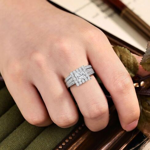 Solid 925 Sterling Silver Princess Cut Wedding Rings Engagement Set for Women Halo Bridal Ring Sets Promise Eternity Band Anniversary Size 5-10 in Kuwait