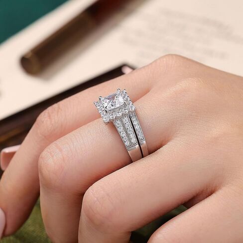 Solid 925 Sterling Silver Princess Cut Wedding Rings Engagement Set for Women Halo Bridal Ring Sets Promise Eternity Band Anniversary Size 5-10 in Kuwait