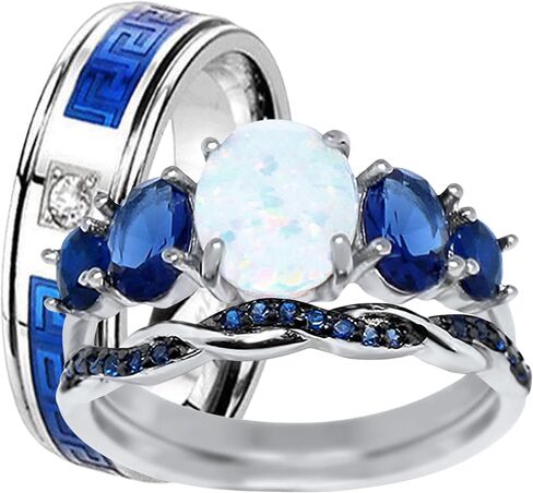 LaRaso & Co His Her Wedding Set 3 Piece TRIO Opal Sapphire CZ Silver Rings for Bride Groom in Saudi Arabia