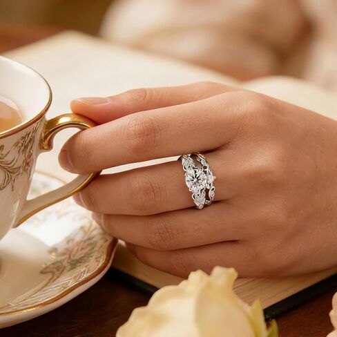 SHELOVES Floral Moissanite Wedding Ring Sets for Women Solitaire Round Engagement Rings Art Deco White Gold Plated Silver Sz 5-10 in Kuwait