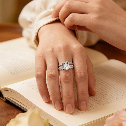 SHELOVES Floral Moissanite Wedding Ring Sets for Women Solitaire Round Engagement Rings Art Deco White Gold Plated Silver Sz 5-10 in Kuwait