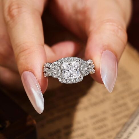2CT Moissanite Engagement Rings for Women Princess Cut Wedding Ring Sets for Her D Color VVS1 Clarity Twisting Eternity Bands White Gold Plated in Saudi Arabia
