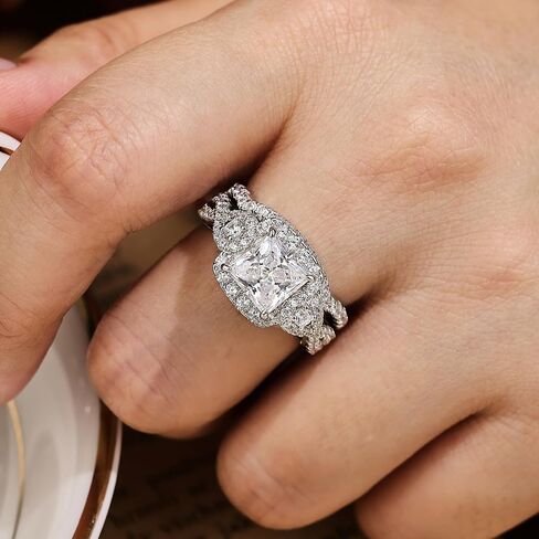 2CT Moissanite Engagement Rings for Women Princess Cut Wedding Ring Sets for Her D Color VVS1 Clarity Twisting Eternity Bands White Gold Plated in Saudi Arabia