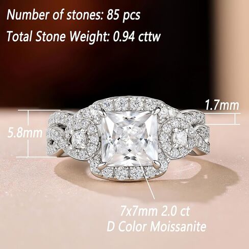 2CT Moissanite Engagement Rings for Women Princess Cut Wedding Ring Sets for Her D Color VVS1 Clarity Twisting Eternity Bands White Gold Plated in Saudi Arabia