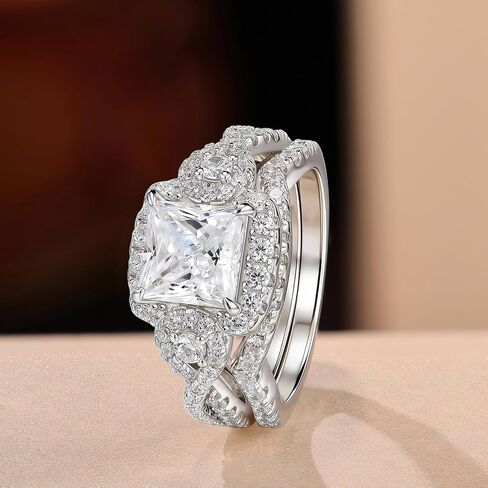 2CT Moissanite Engagement Rings for Women Princess Cut Wedding Ring Sets for Her D Color VVS1 Clarity Twisting Eternity Bands White Gold Plated in Saudi Arabia