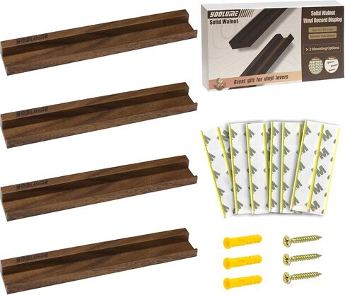Vinyl Wall Display No Drill with 2 Mount Options(Adhesive & Screws), 4 Pack Walnut Wood Vinyl Wall Mount, Record Shelf, Record Holder Wall, Album Display Shelves, Floating Shelf for Album, LP, CD in Saudi Arabia