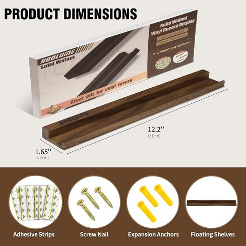 Vinyl Wall Display No Drill with 2 Mount Options(Adhesive & Screws), 4 Pack Walnut Wood Vinyl Wall Mount, Record Shelf, Record Holder Wall, Album Display Shelves, Floating Shelf for Album, LP, CD in Saudi Arabia
