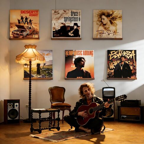 Vinyl Wall Display No Drill with 2 Mount Options(Adhesive & Screws), 4 Pack Walnut Wood Vinyl Wall Mount, Record Shelf, Record Holder Wall, Album Display Shelves, Floating Shelf for Album, LP, CD in Saudi Arabia