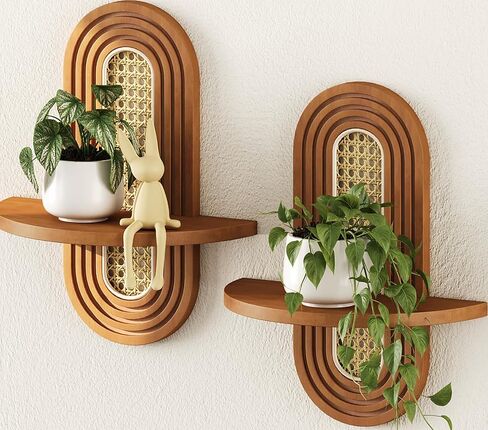Floating Shelves for Wall, Boho Home Wall Decor,Rattan Plant Shelf Set of 2, Mid Century Small Decorative Shelf, Natural Wood Shelves for Living Room,Bedroom,House,Office (Walnut) in Saudi Arabia